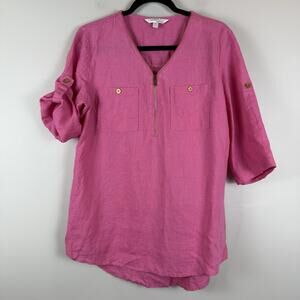 Ellen Tracy Company Womens Linen Shirt M Pink Roll Up Sleeve Gold Accents Beachy